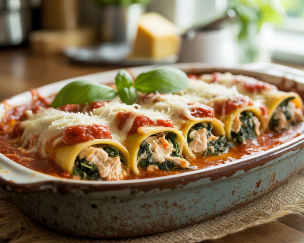 Tasty chicken and spinach manicotti