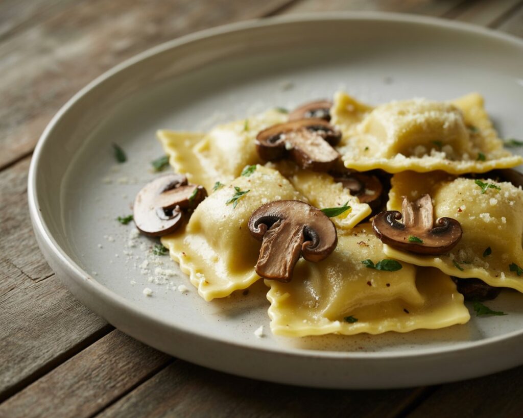 Mushroom ravioli with Parmesan topping