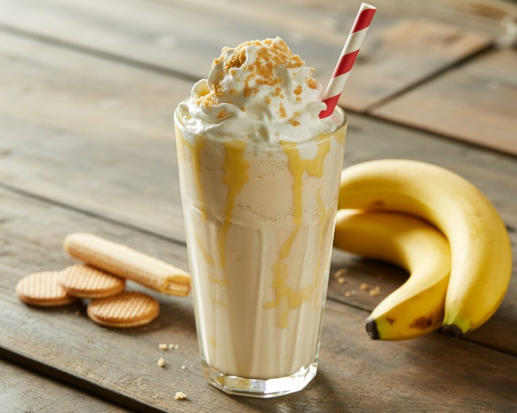 Creamy banana pudding milkshake in a tall glass with whipped cream