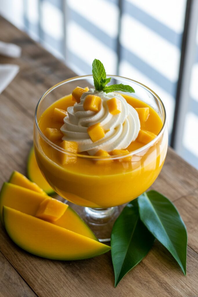 Glass of creamy mango mousse topped with fresh mango cubes