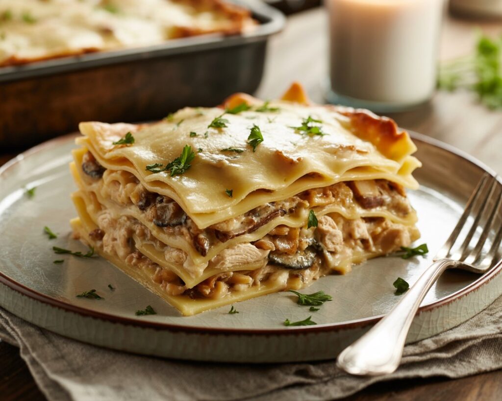 Baked lasagna with creamy Alfredo sauce and mushrooms