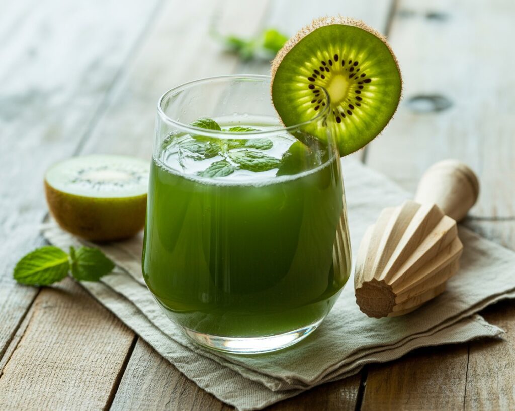 Glass of fresh kiwi juice with sliced kiwi garnish