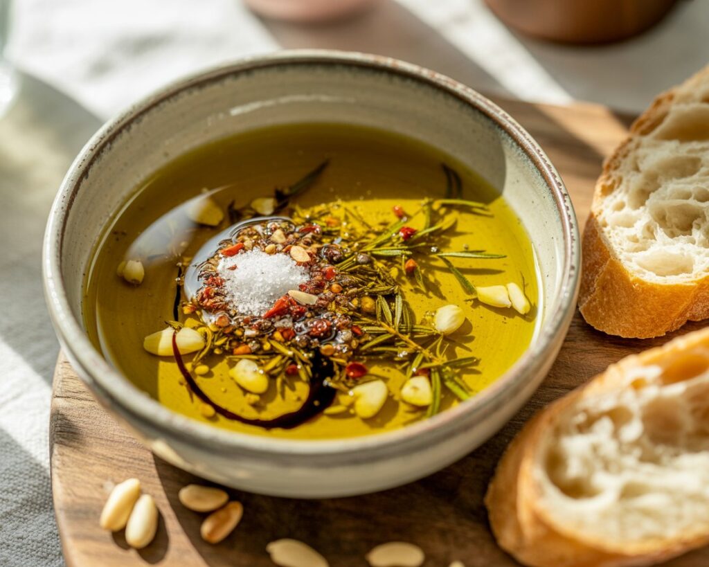 Bowl of olive oil dip with herbs and spices