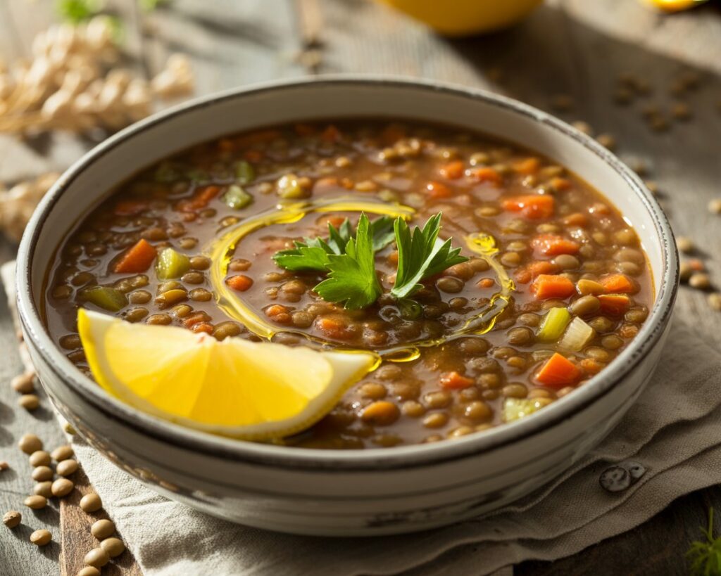 Steaming hot lentil soup served in a white bowl with fresh parsley on top