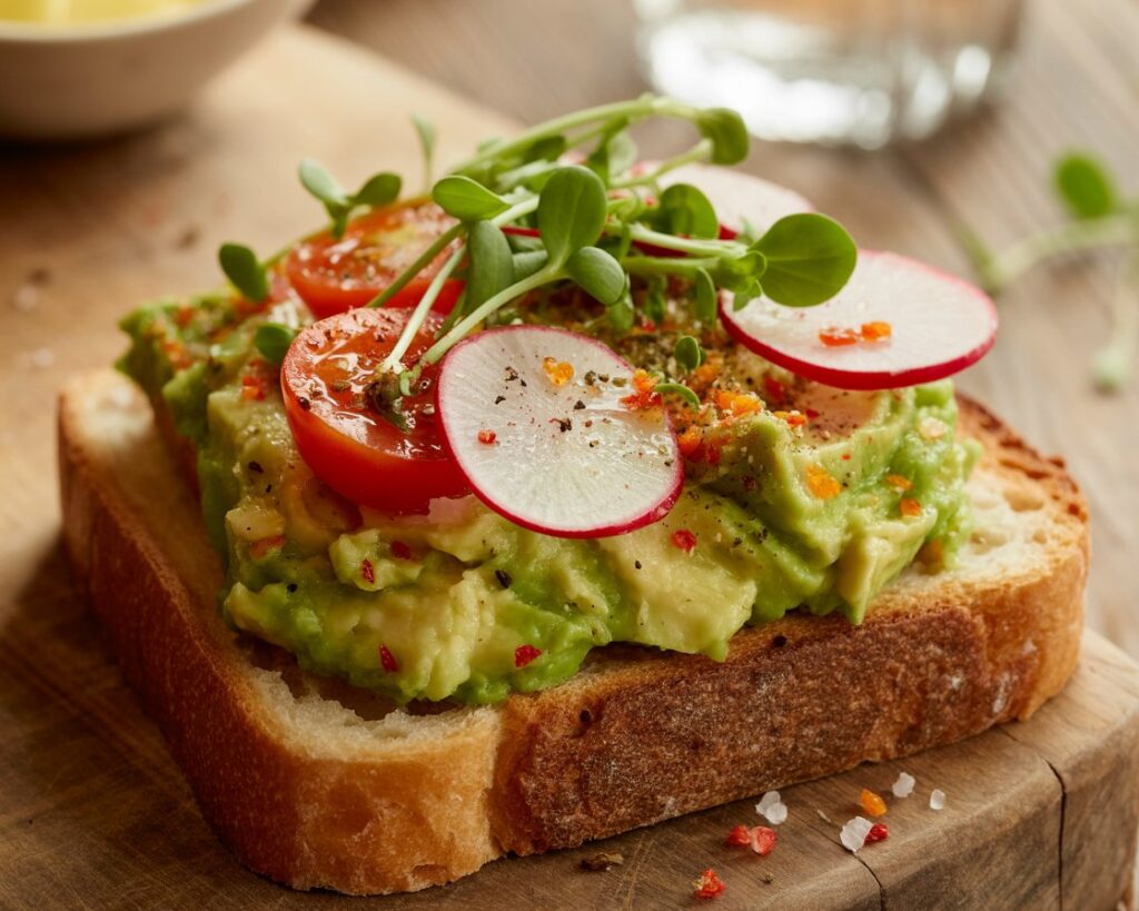 Sliced avocado on crispy whole grain toast