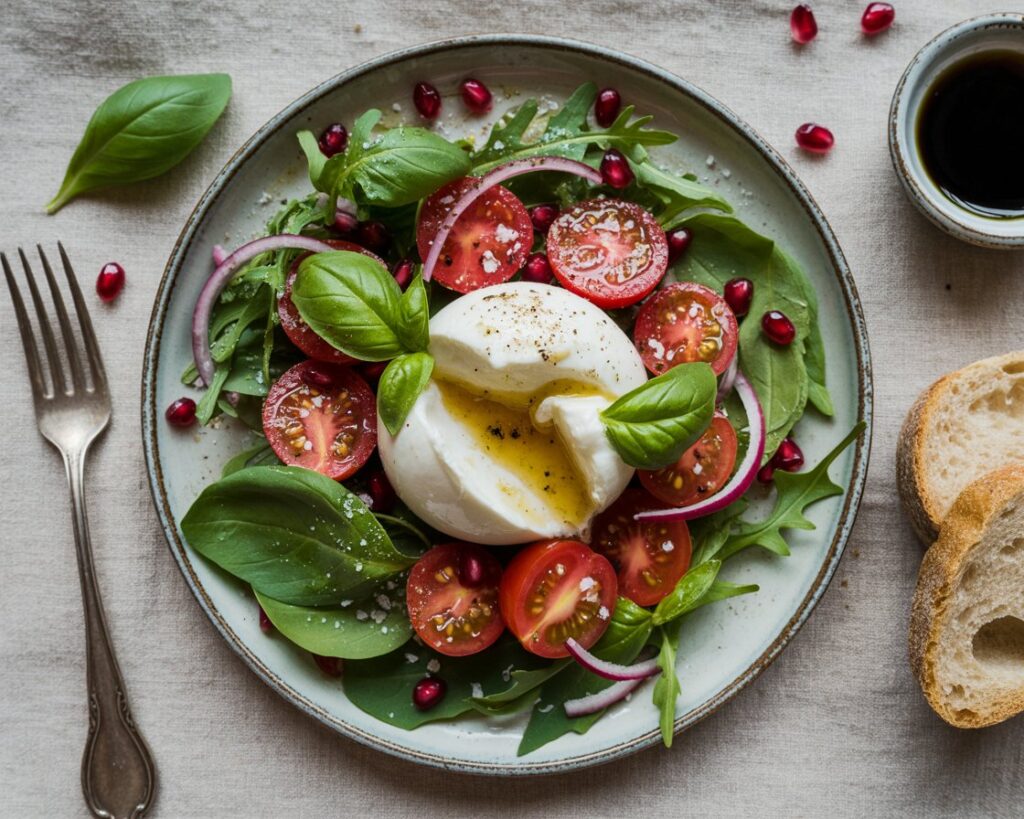 Fresh burrata salad with cherry tomatoes, basil, and balsamic glaze