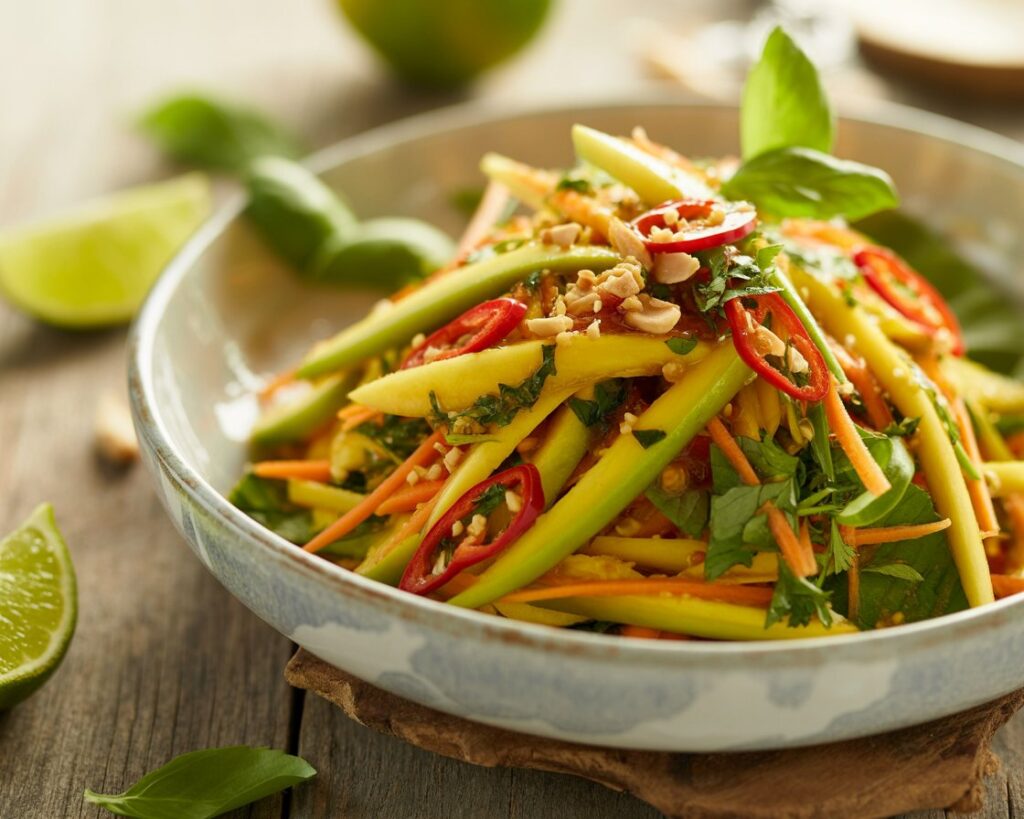 Colorful Thai mango salad with fresh herbs and peanuts