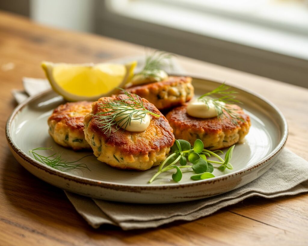 Golden brown salmon cakes on a plate