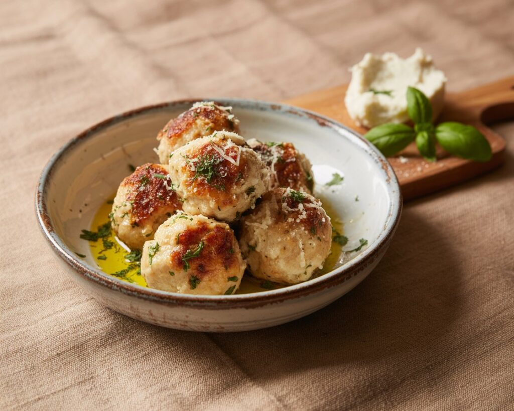 Meatballs being formed by hand over a mixing bowl