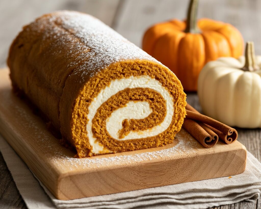 Close-up of Libby’s pumpkin roll with swirled cream cheese filling