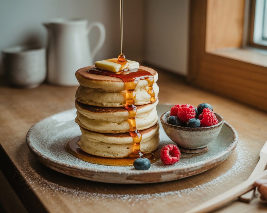 Tall Japanese fluffy pancakes topped with whipped cream