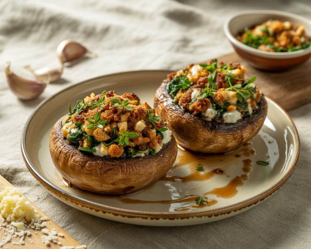 Baked stuffed portobello mushrooms filled with spinach, cheese, and breadcrumbs