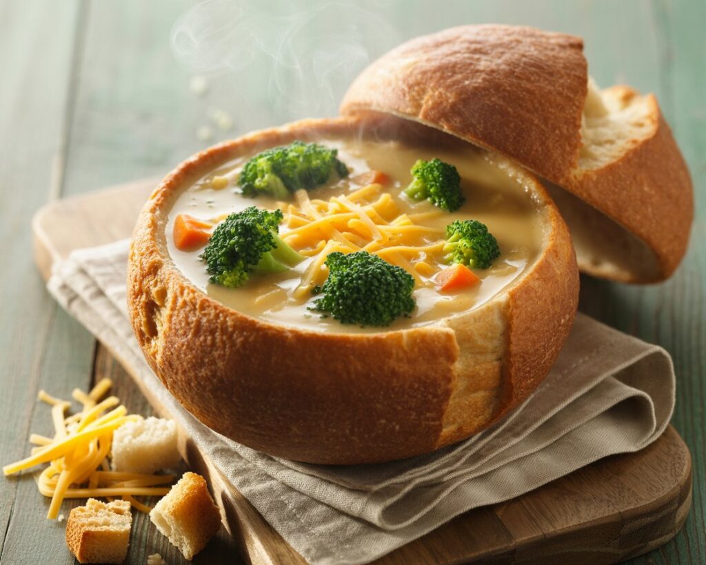 Warm bowl of broccoli cheese soup garnished with shredded cheese