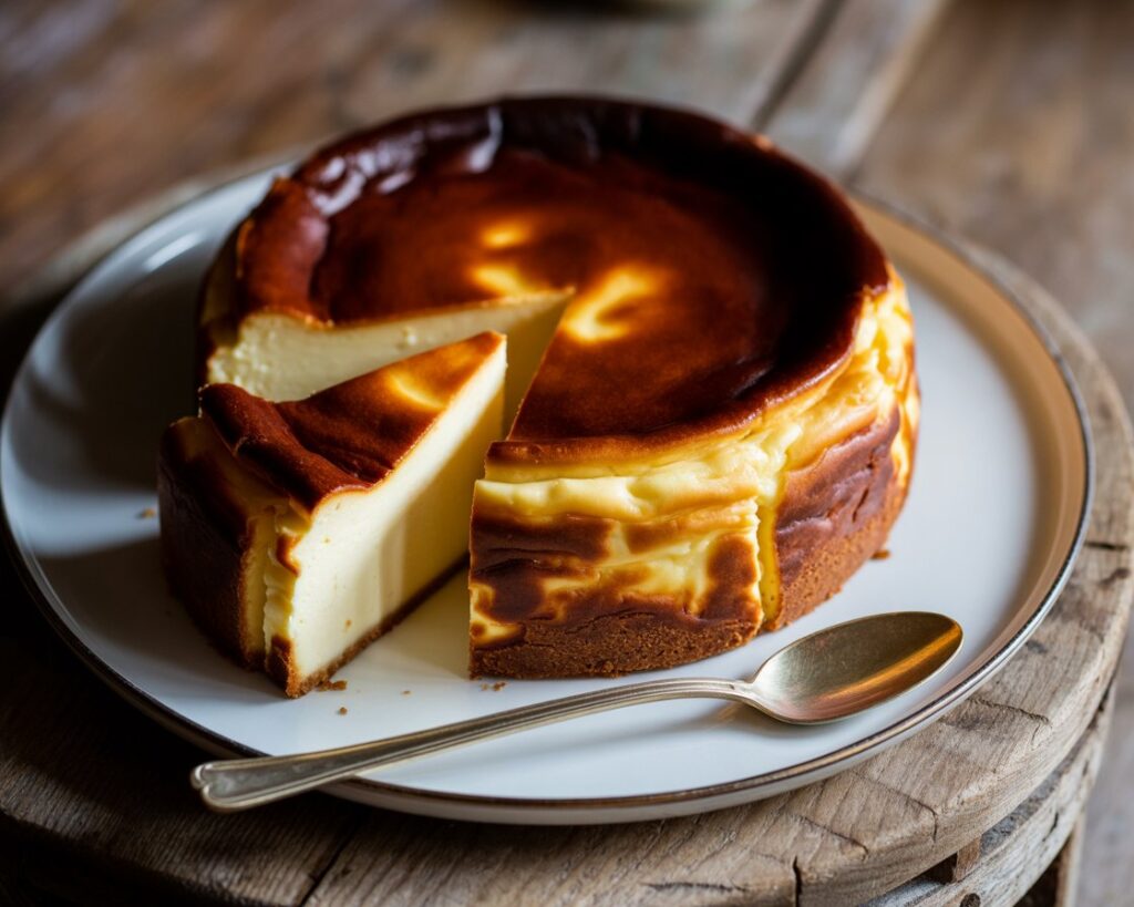 Rustic San Sebastian cheesecake with a perfectly burnt surface and creamy center