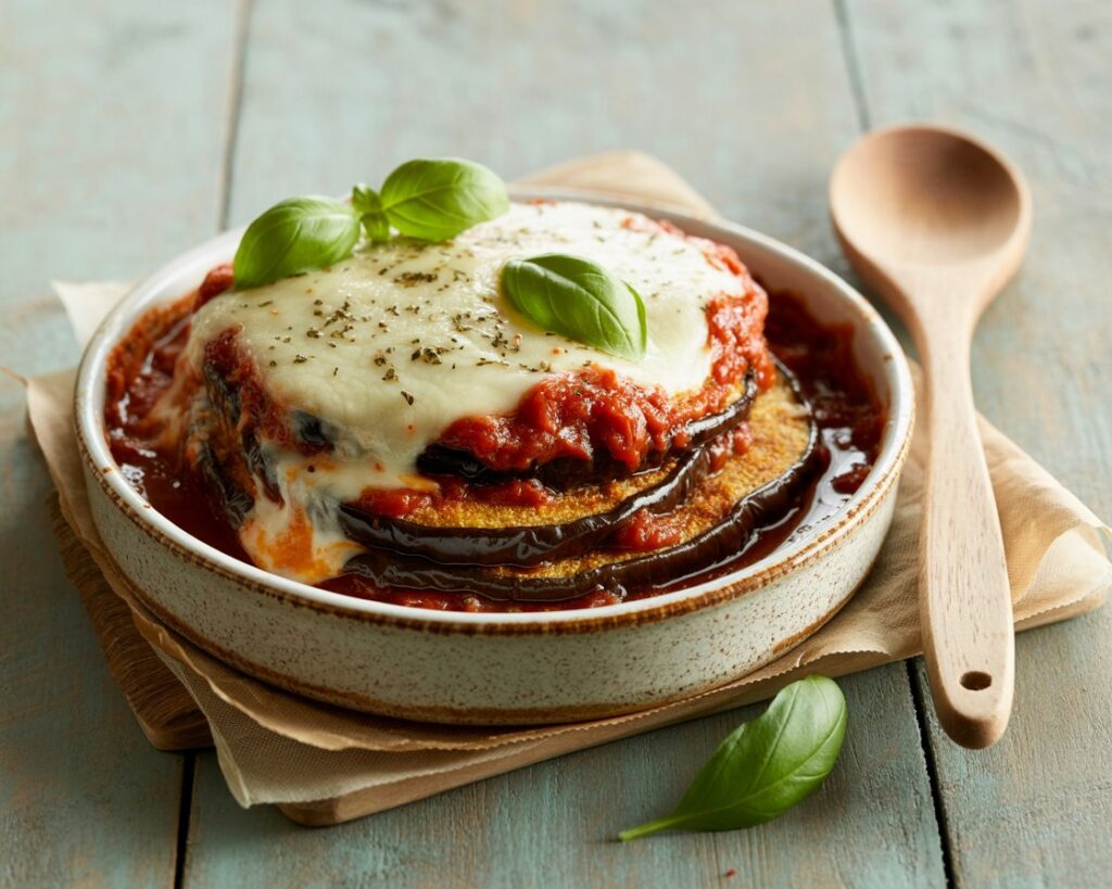 Baked vegan eggplant parmesan with melted vegan cheese and tomato sauce