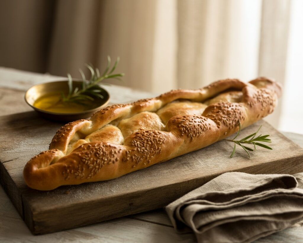 Warm Turkish bread sliced open with a soft interior