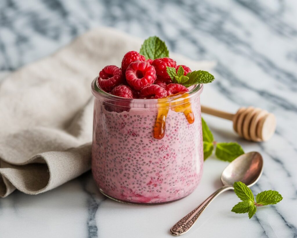 Creamy chia pudding layered with raspberry puree in a clear cup