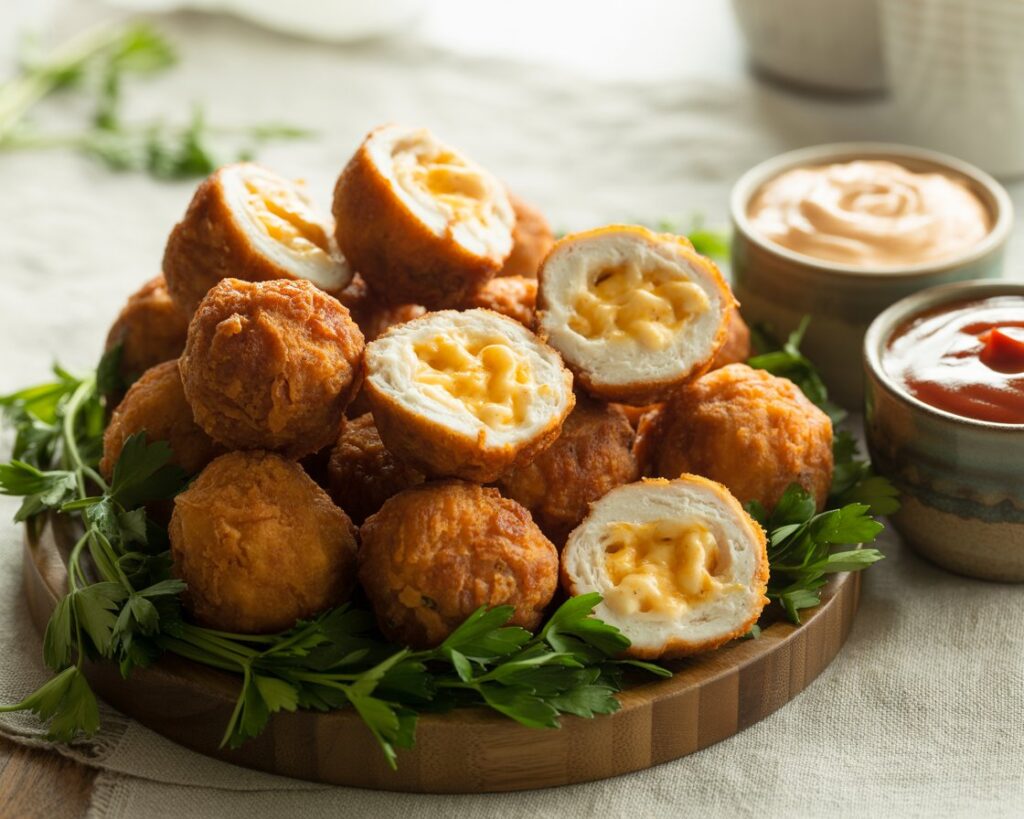 Bite-sized chicken cheese balls with a cheesy center