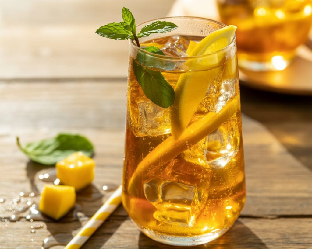 Mango iced tea pitcher next to fresh mangoes
