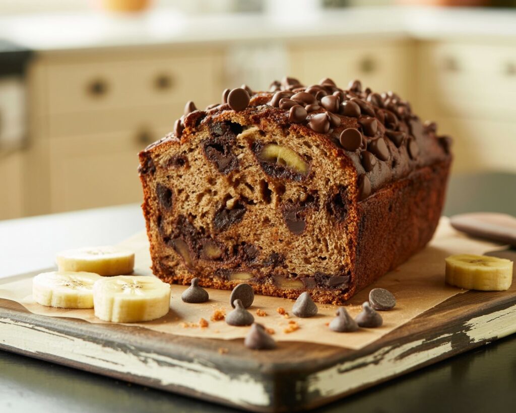 Chocolate chip banana bread cooling on a wire rack