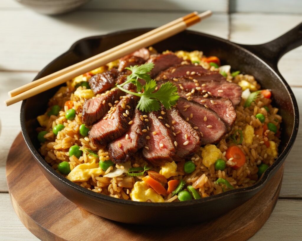 Delicious steak fried rice recipe served in a bowl
