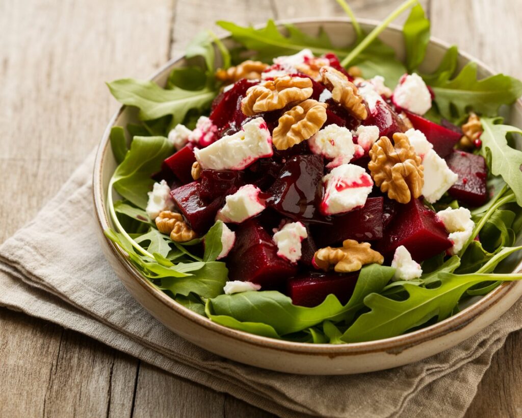 Fresh beet salad topped with feta cheese and crunchy walnuts on a wooden table
