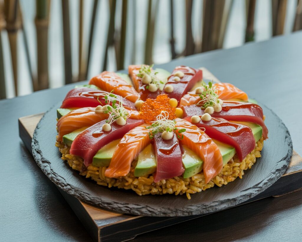Homemade sushi pizza with colorful toppings and seaweed garnish