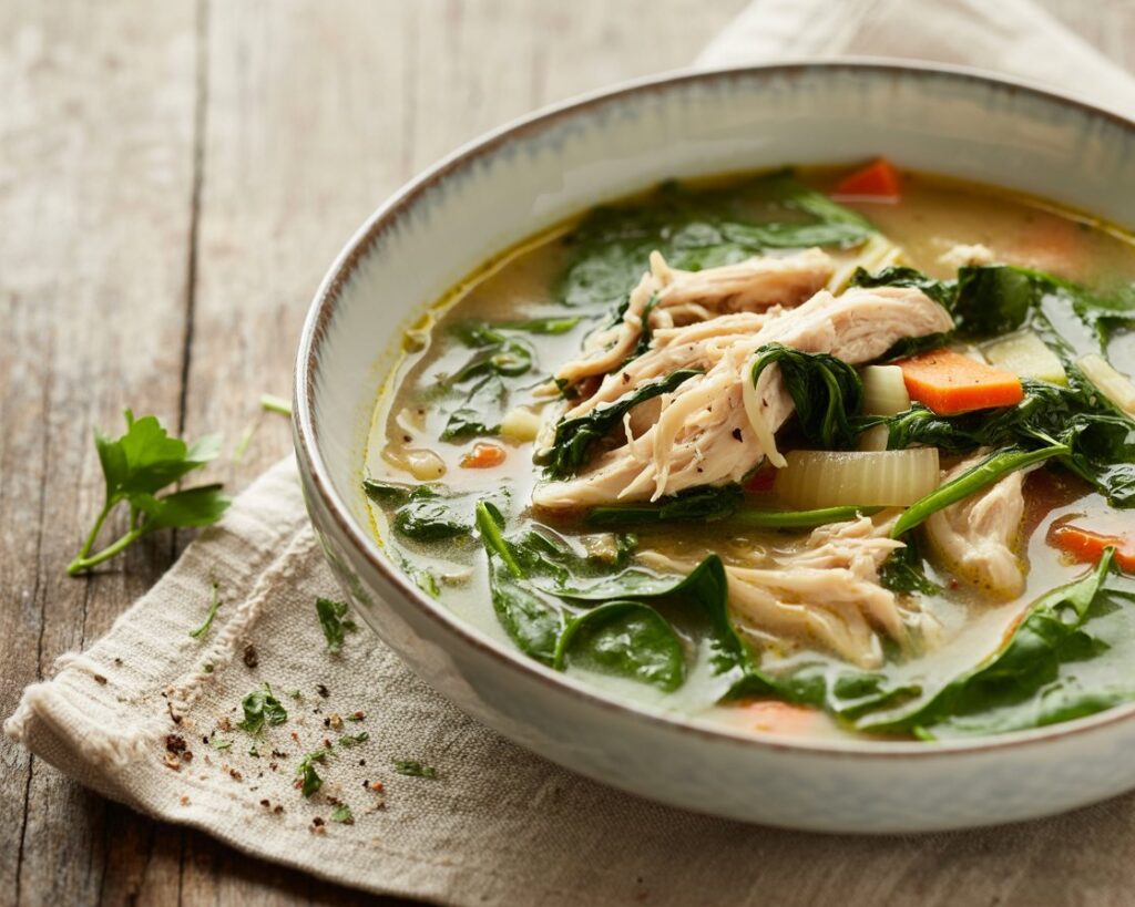 Creamy chicken florentine soup served in a bowl with spinach