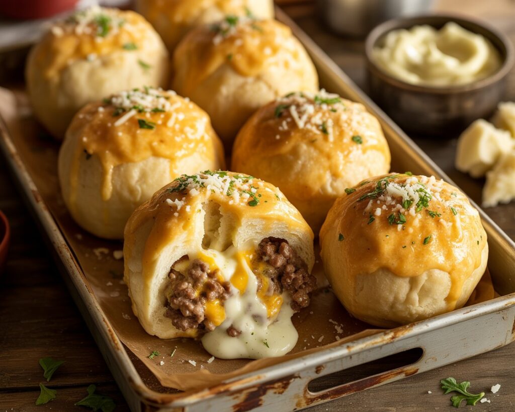 Bite-sized cheeseburger bombs stacked on a serving plate