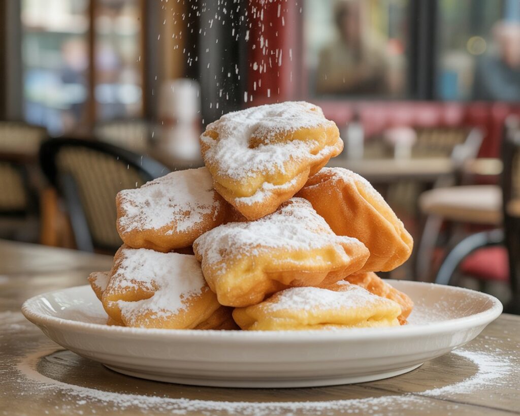 Close-up of airy beignet interior after being broken open