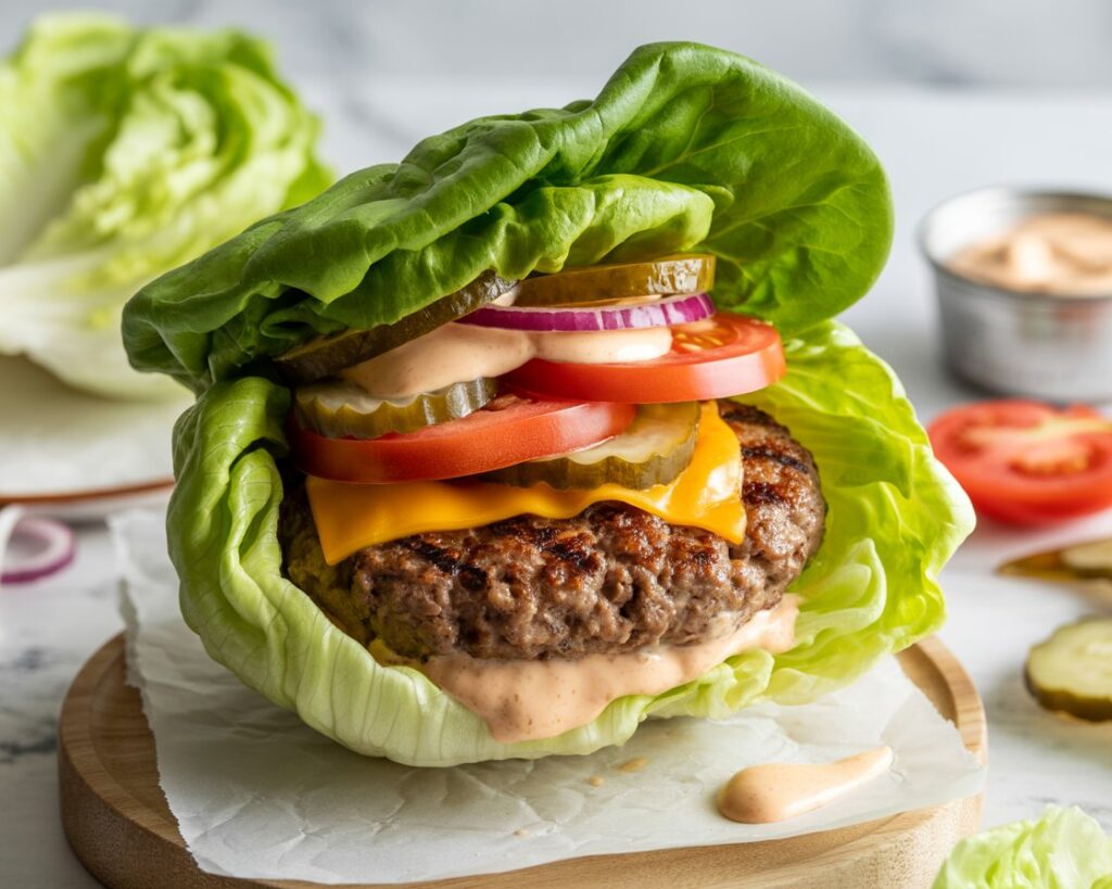 Low-carb lettuce burger with tomato and onion slices