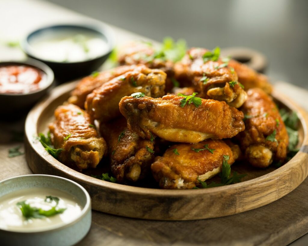 Close up of crispy chicken wings with dipping sauce on the side