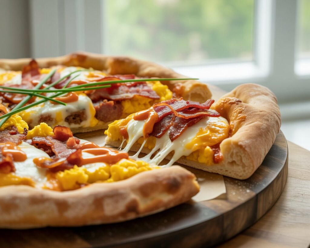 Easy breakfast pizza with melted cheese and crispy bacon