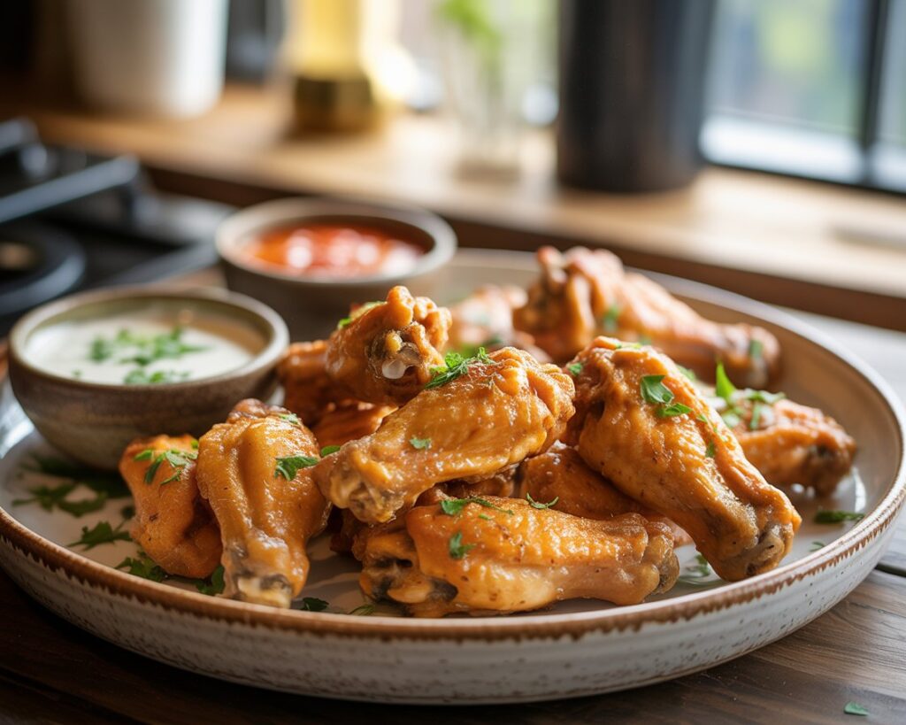 Delicious air fryer chicken wings served with dipping sauce and garnishes