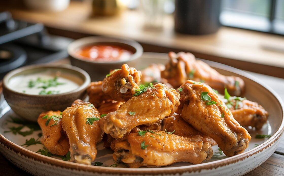 Delicious air fryer chicken wings served with dipping sauce and garnishes