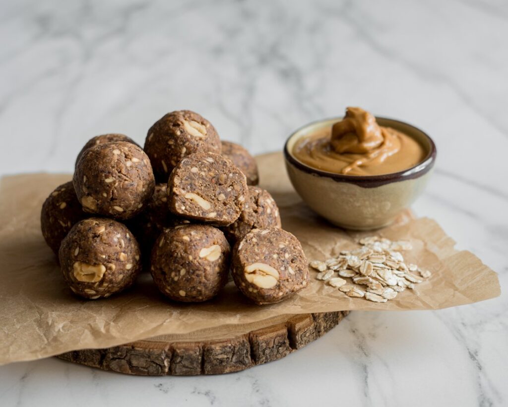 Close-up of chocolate vegan protein balls with oats and dates