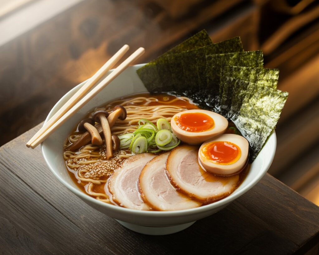 Chicken ramen noodle bowl with green onions, carrots, and savory broth
