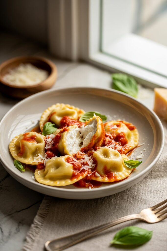 Fresh cheese ravioli served with creamy Alfredo sauce