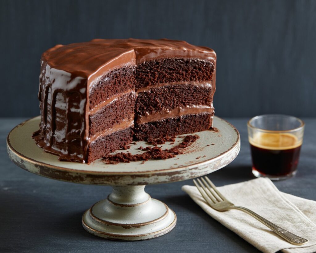Brooklyn Blackout Cake on a rustic cake stand with crumbs on the sides