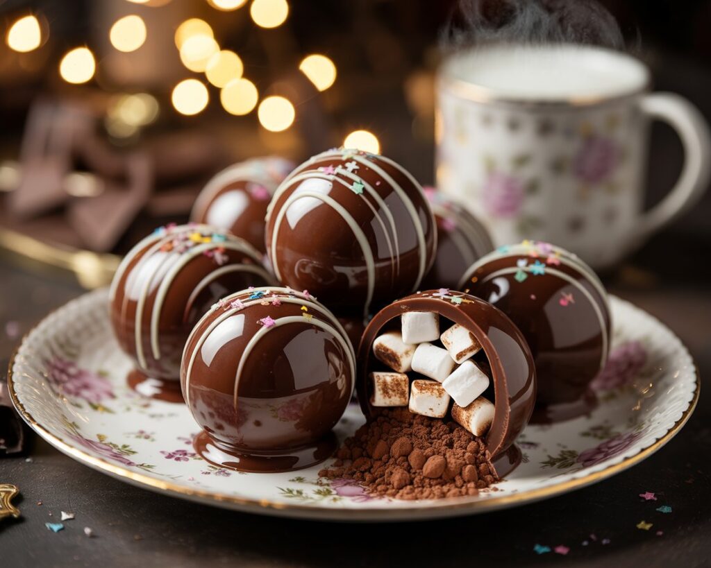 Hot chocolate bomb exploding in milk, revealing a swirl of cocoa and marshmallows