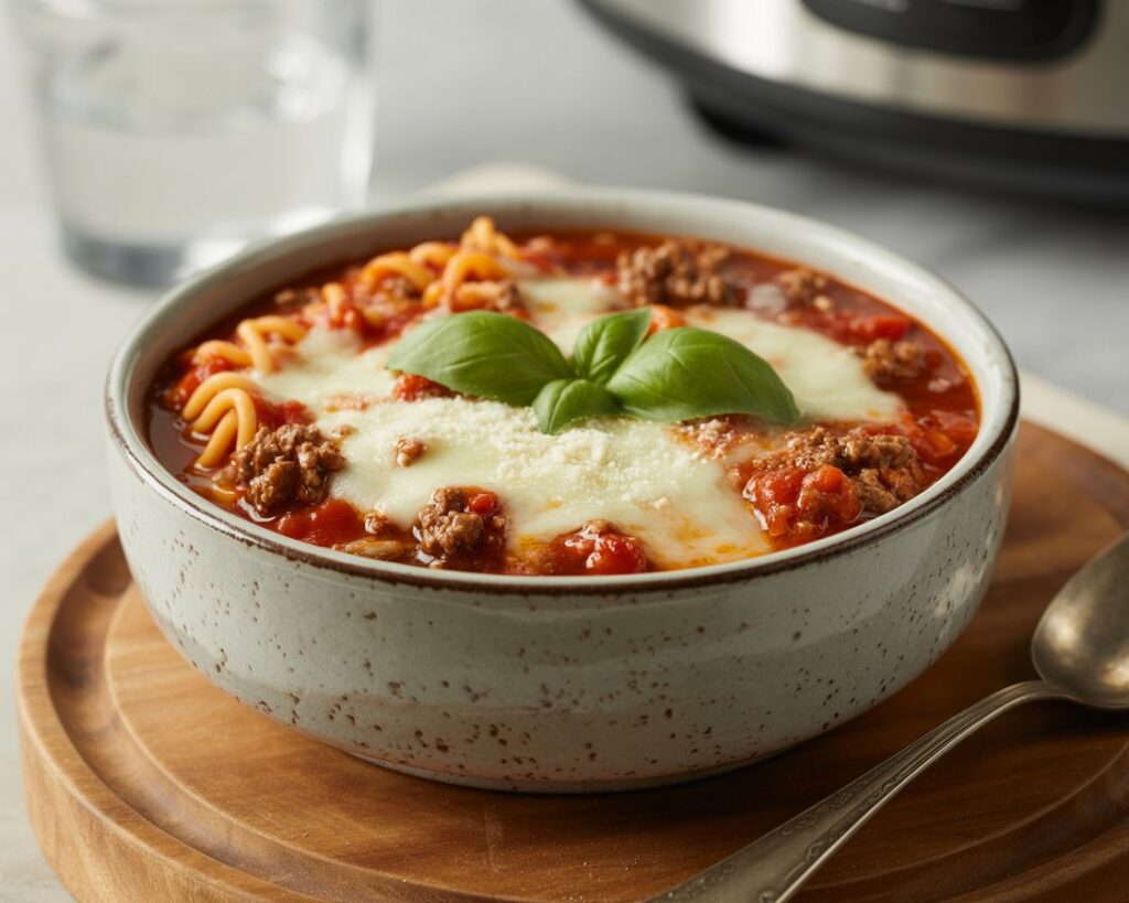 Slow cooker lasagna soup ready to serve with melted mozzarella