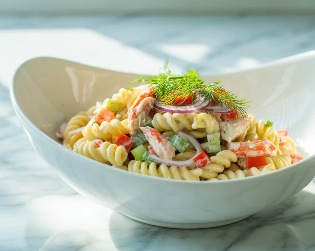 Simple crab pasta salad with pasta shells and crab meat