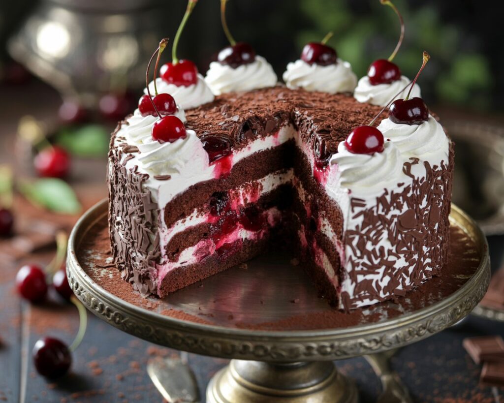 Black Forest cake served on a white plate with a fork