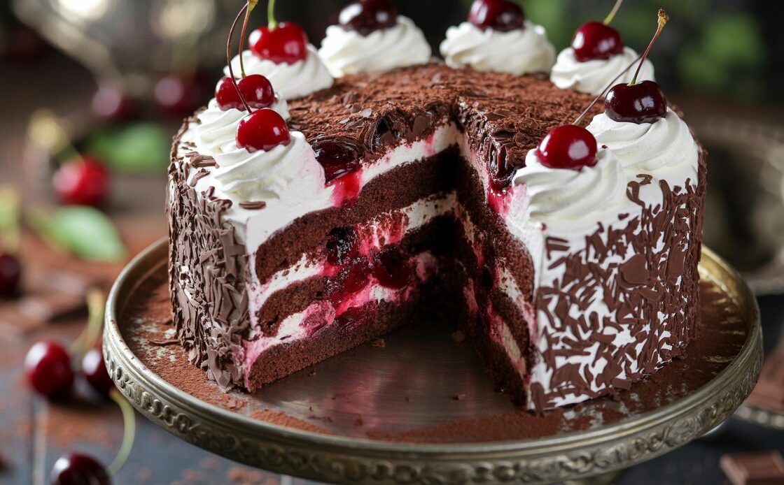 Black Forest cake served on a white plate with a fork