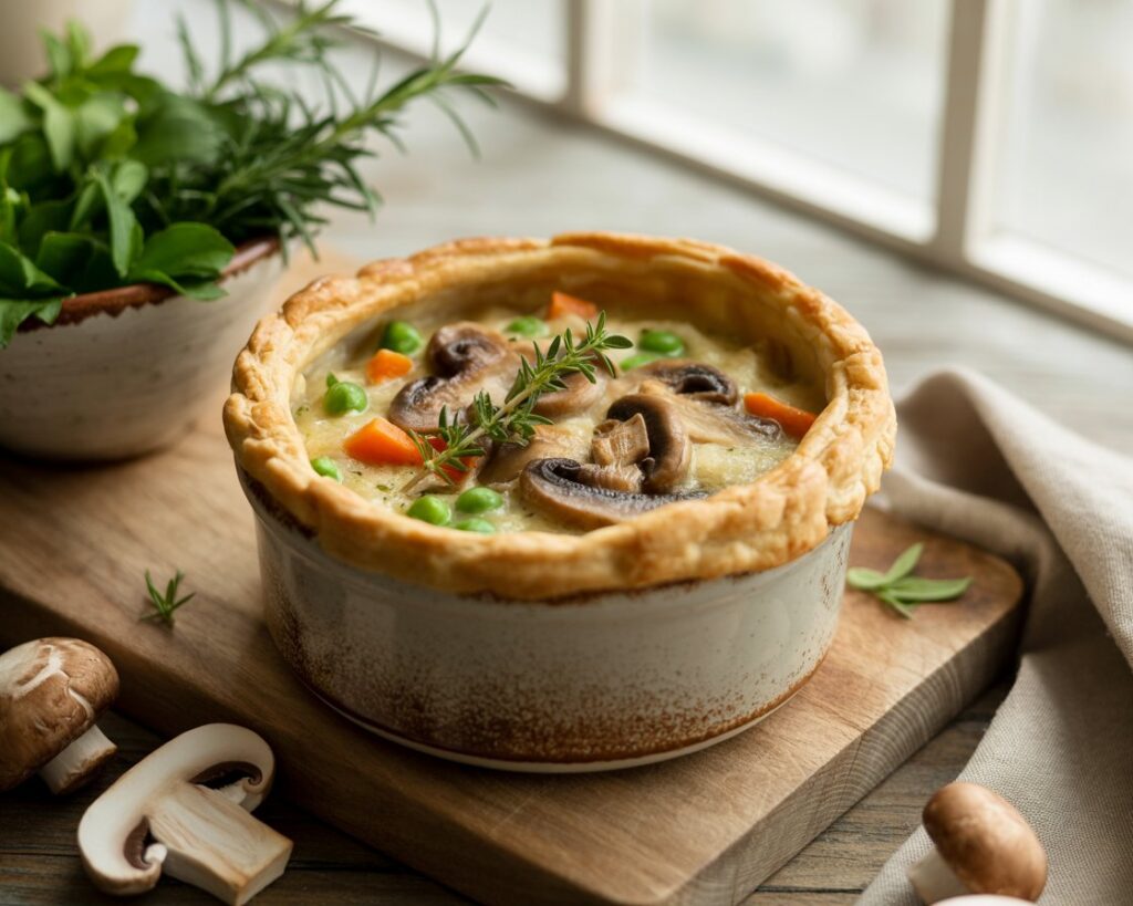 Individual mushroom pot pie served in a ramekin