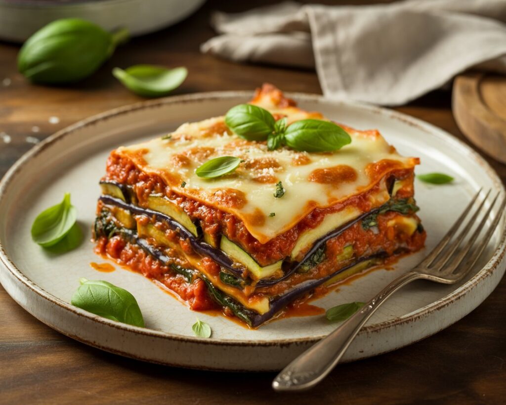 Plant-based lasagna with zucchini, spinach, and vegan cheese