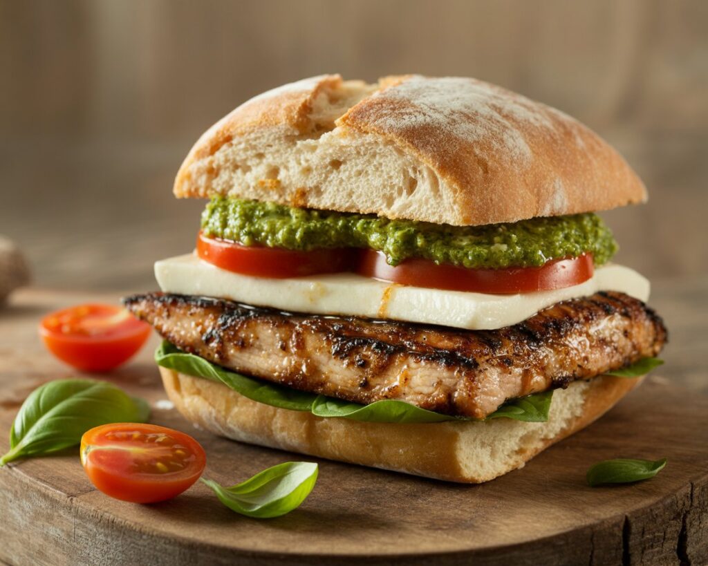 Pesto chicken sandwich sliced in half showing juicy filling