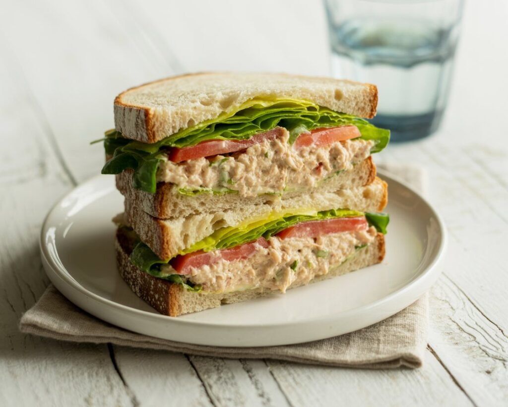Tuna salad sandwich with crisp lettuce and sliced tomato