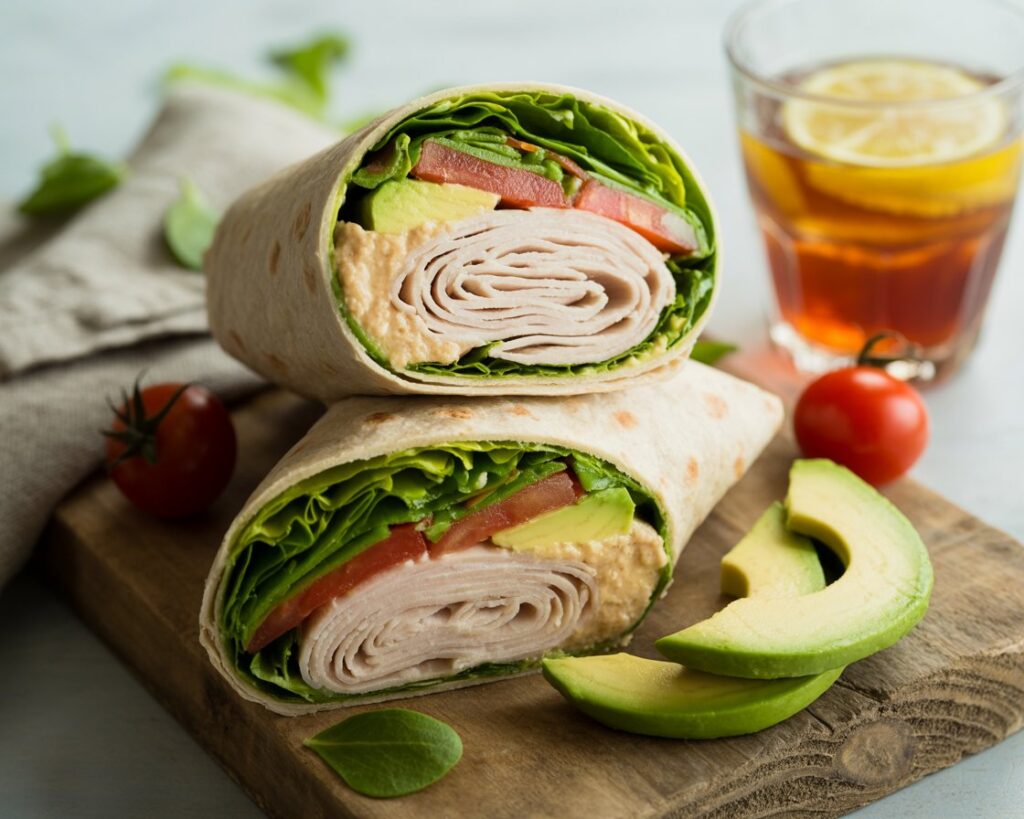 Rolled turkey wrap with creamy avocado and veggies inside