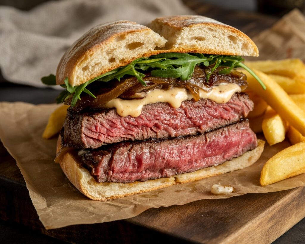 Grilled steak sandwich with caramelized onions and sauce
